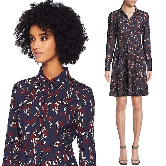 KATE SPADE Fox Print Smocked Long Sleeve Pippa Middleton Shift Shirt Dress 4 - Picture 3 of 14
